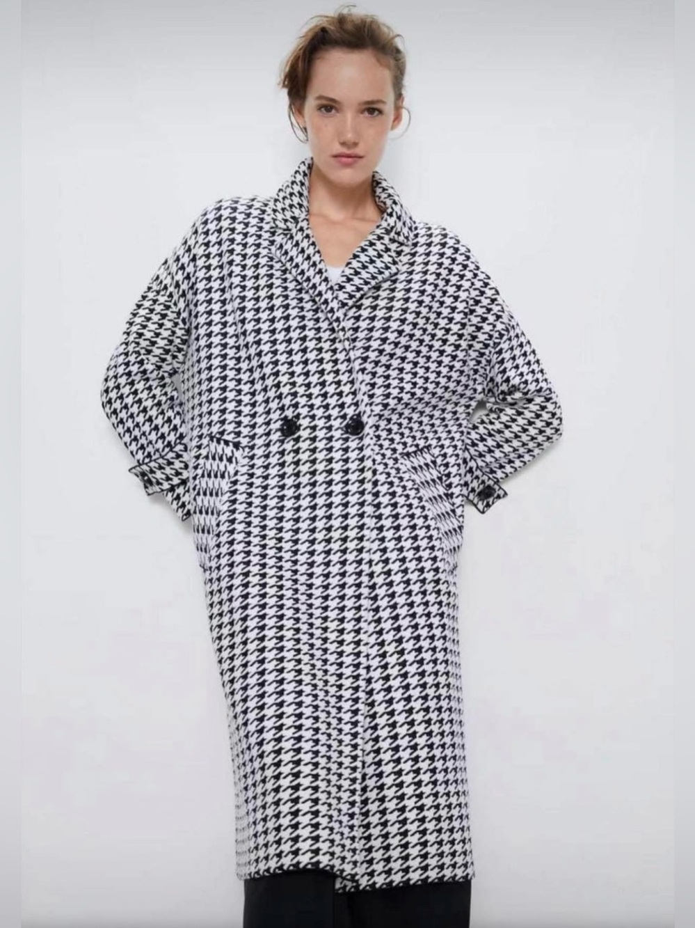 Zara Women L Houndstooth Long Knit Coat Black White Duster Cardigan Jacket